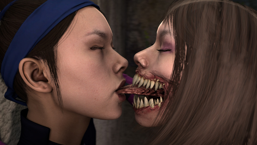 2girls 3d 3d_(artwork) domination eldaze extreme_french_kiss eyes_closed femdom kitana kiteena licking mileena monster_girl mortal_kombat mortal_kombat_11 sisters sucking_tongue teeth tongue tongue_out video_games wall