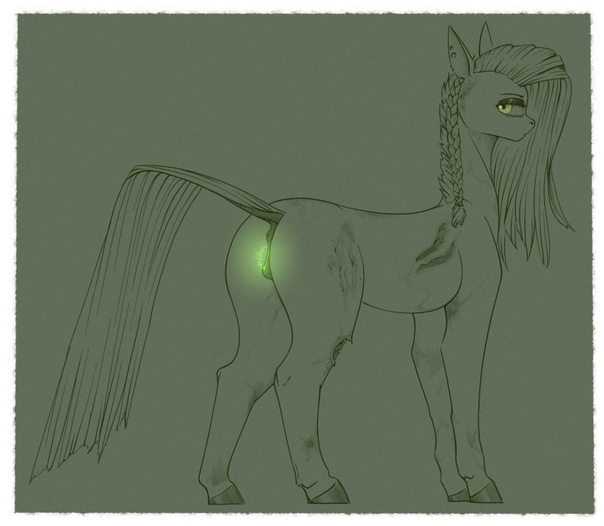 2023 animal_genitalia animal_pussy digital_media_(artwork) equid equine equine_genitalia equine_pussy fallout_equestria fan_character female feral genitals ghoul_(fallout) glowing glowing_genitalia glowing_pussy gore hair hasbro hi_res horse mammal my_little_pony pony pussy radiation scar simple_background solo stray_prey undead yellow_eyes