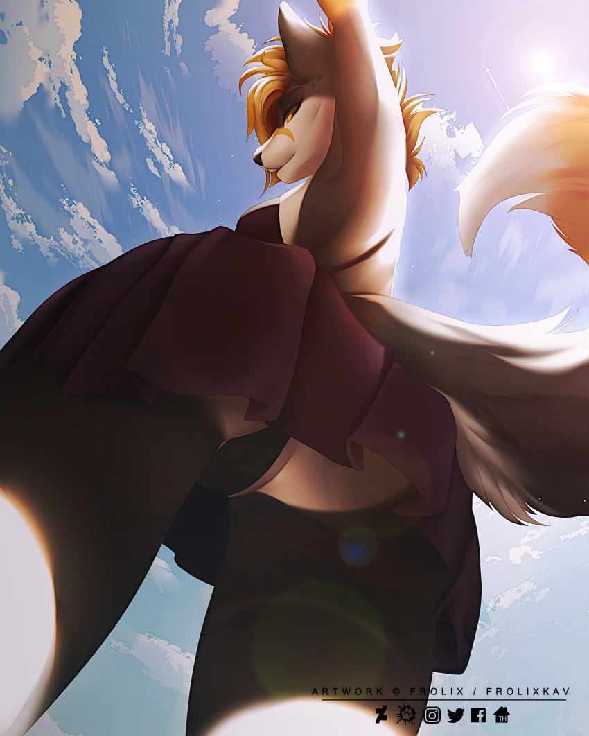 ass black_underwear blue_sky canine cloud clouds daytime dress female female_focus female_only frolix.kav from_behind furry looking_at_viewer low_angle orange_eyes orange_hair outdoors raised_arm raised_tail short_hair signature skirt smile solo sunny tail under_skirt underwear