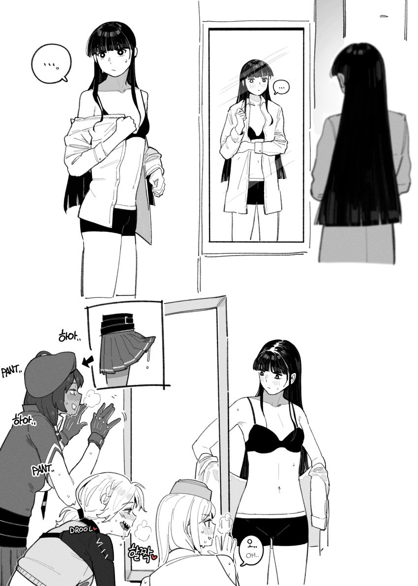 /// 1girls 2d 3futas bangs beret black_and_white black_hair blush boyshorts bra breasts brown_hair button_down_shirt clothed clothing collared_shirt comic comic_page commander_(girls'_frontline) dialogue dickgirl dress_shirt english_text erection erection_under_clothes erection_under_skirt female female_commander_(girls'_frontline) fully_clothed futa_on_female futanari garrison_cap girls'_frontline gloves greyscale heart hiding highres human huqu korean_text leaking_precum long_hair m2hb_(girls'_frontline) midriff monochrome mostly_nude necktie one_way_mirror panting penis_under_skirt precum saiga-12_(girls'_frontline) sharp_teeth skirt skirt_lift sl8_(girls'_frontline) spats spying stalking steam stockings sweat tan_body text tie unaware underwear undressing voyeur