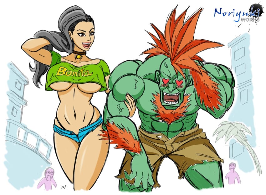 1boy 1girls abs alternate_costume athletic athletic_female biceps big_breasts black_hair blanka blush blushing brazilian brazilian_female breasts brown_eyes busty capcom crop_top daisy_dukes embarrassed erect_nipples female g-string green_skin hairy_arms hairy_chest hairy_male heart-shaped_pupils hourglass_figure jean_shorts large_breasts laura_matsuda lipstick long_hair male muscular muscular_male navel nipple_bulge noriyuki83 pecs pendant red_hair short_shorts shorts skimpy skimpy_clothes street_fighter street_fighter_v tagme topless underboob wide_hips