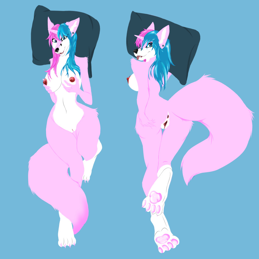 absurd_res anthro ass bed blue_hair breasts canid canine dakimakura_design female fox furniture genitals hair hi_res horn lying lying_on_bed mammal on_bed pink_hair presenting presenting_hindquarters presenting_pussy pussy solo spread_pussy spreading unicorn_horn zariel_darkangel