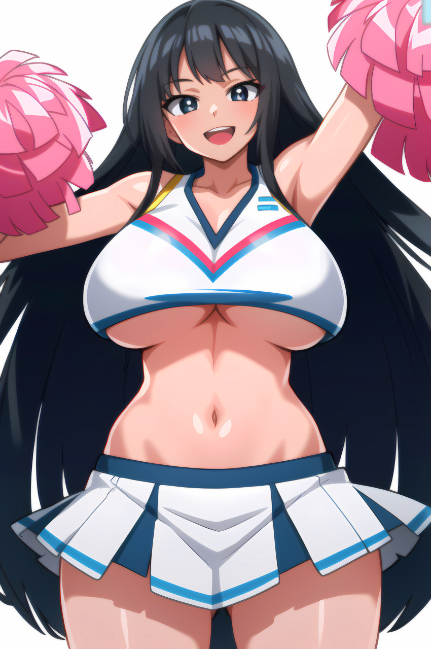 ai_generated black_eyes black_hair cheering cheerleader cheerleader_uniform female female_only huge_breasts long_hair midriff navel niksplosion_(generator) open_mouth pom_poms simple_background smile stable_diffusion underboob