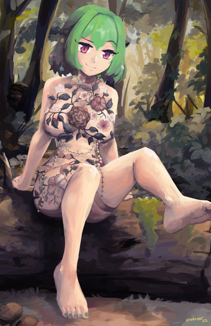 areola_slip areolae covered_nipples erodozer feet floral_clothing flowers forest green_hair ichika_maia indie_virtual_youtuber ivy_(plant) leg_up lingerie nature outdoors outside plants raised_eyebrow short_hair sitting virtual_youtuber