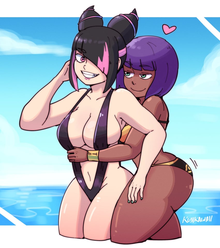 2girls ass beach bob_cut breasts cling dark-skinned_female dark_skin egyptian hug hugging hugging_from_behind juri_han kujikawaii menat street_fighter swimsuit wholesome yuri