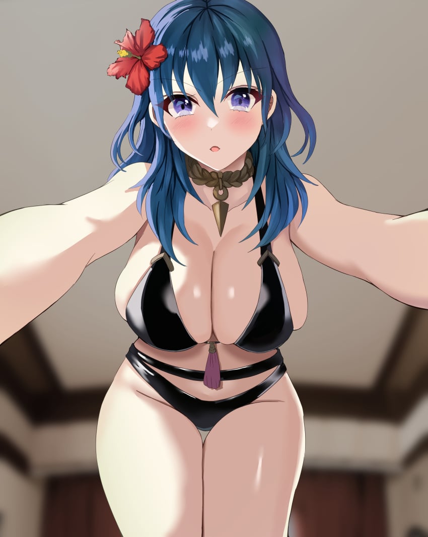 1girls alternate_costume bare_thighs bikini black_bikini black_swimsuit blue_eyes breasts byleth_(fire_emblem) byleth_(fire_emblem)_(female) cleavage female female_only fire_emblem fire_emblem:_three_houses fire_emblem_heroes flower hair_flower hug large_breasts looking_at_viewer medium_hair nintendo official_alternate_costume pov pov_hug reaching_out sideboob solo swimsuit tara_(szzj7733) teal_hair thighs