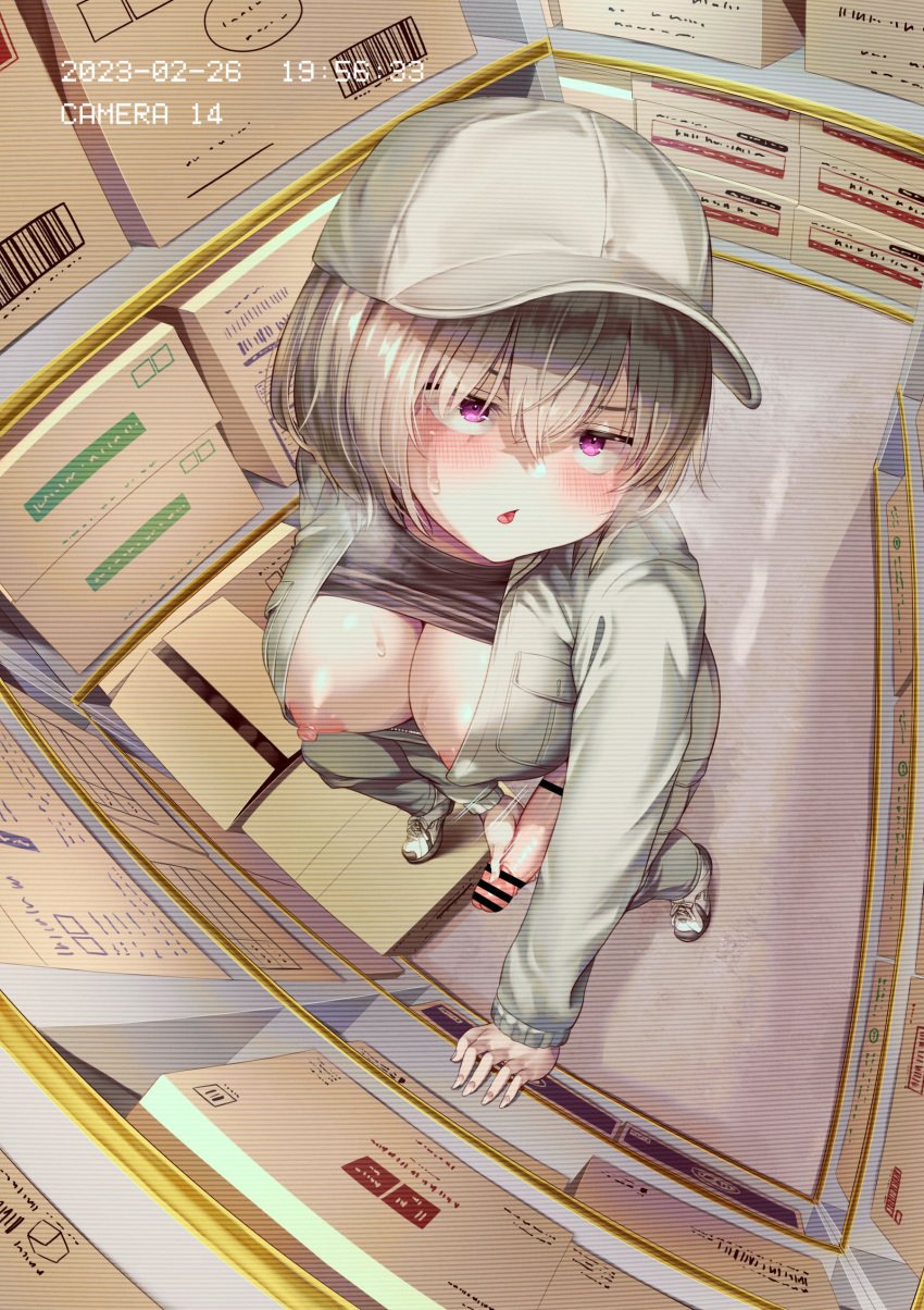 1futa areolae ayanakitori bangs bar_censor big_breasts big_penis blonde_hair blush box breasts censored clothed clothing erection from_above full_body futa_only futanari futanari_masturbation hat highres human indoors large_breasts light-skinned_futanari light_skin long_sleeves masturbation mostly_clothed nipples open_clothes open_shirt original pants penis penis_out pink_eyes recording scanlines shoes short_hair solo stealth_masturbation sweat unaware warehouse