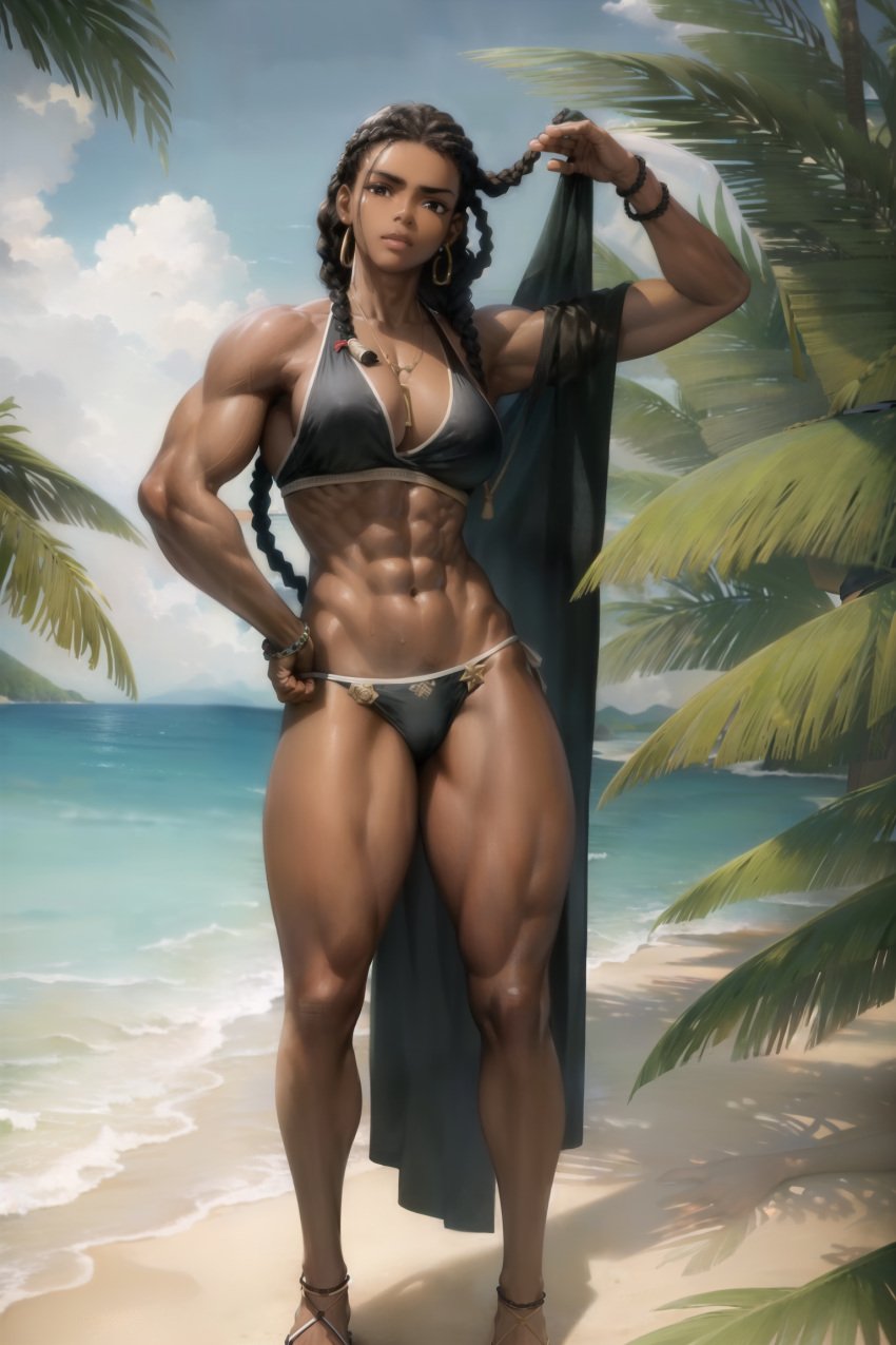 abs ai_generated beach bikini black_bikini black_hair braid braided_hair breasts brown_eyes dark-skinned_female dark_skin dioxide female hand_on_hip highres hoop_earrings medium_breasts muscular muscular_female muscular_thighs necklace outdoors pubic_hair_peek sandals self_upload stable_diffusion