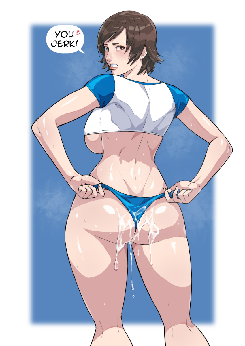 absurdres adjusting_clothes anger_vein ass back blue_background blue_panties blue_shirt border breasts brown_eyes brown_hair cirenk clenched_teeth commission crop_top cum cum_on_ass female highres kazama_asuka kneepits large_breasts looking_back no_bra panties raglan_sleeves shirt short_hair sideboob solo speech_bubble spoken_anger_vein teeth tekken thighs two-tone_shirt underboob underwear white_border white_shirt