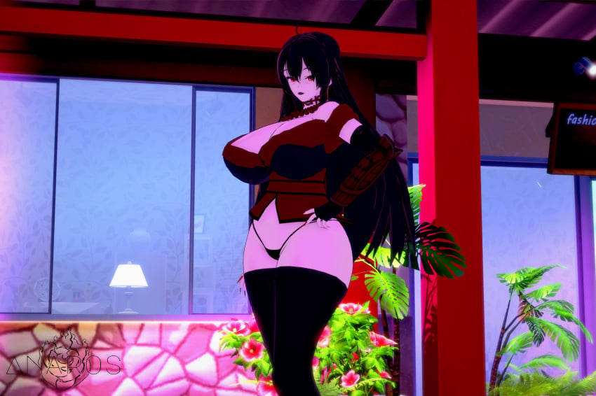 anaros big_ass big_breasts bimbo bimbofication black_hair black_lipstick child_bearing_hips hand_on_hip koikatsu looking_at_viewer raven_branwen red_eyes rwby seductive seductive_look seductive_smile thong