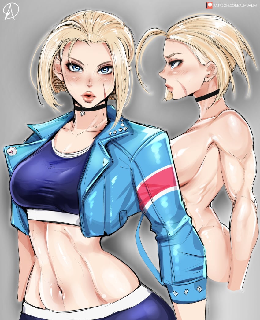 1girls 2023 almualim blonde_female blonde_hair blue_eyes cammy_white capcom choker female female_focus female_only full_lips hi_res high_resolution highres jacket light-skinned_female light_skin midriff scar scarred_face short_hair side_view solo solo_female solo_focus sports_bra sportswear stomach street_fighter street_fighter_6 street_fighter_iv street_fighter_v tagme toned toned_female toned_stomach tummy