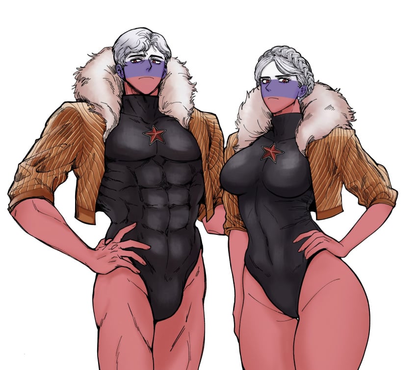 ._. 1boy 1girls atomic_heart big_breasts bulge clothing countryhumans countryhumans_girl humanoid left_(atomic_heart)_(cosplay) muscular muscular_male red_body right_(atomic_heart)_(cosplay) russia_(countryhumans) the_twins_(atomic_heart)_(cosplay)