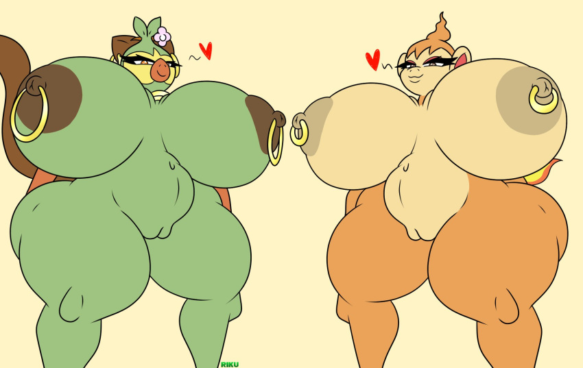 anthro areola bedroom_eyes big_breasts breasts brown_areola brown_eyes brown_nipples chimchar duo ear_piercing female generation_4_pokemon generation_8_pokemon genitals gloria_(riku9797) green_body grookey heart hi_res huge_breasts huge_hips huge_thighs looking_at_viewer multicolored_body narrowed_eyes nintendo nipple_piercing nipples nude orange_eyes piercing pokemon pokemon_(species) pussy riku9797 seductive smile tan_areola tan_nipples thick_thighs two_tone_body wide_hips xiana_(riku9797)