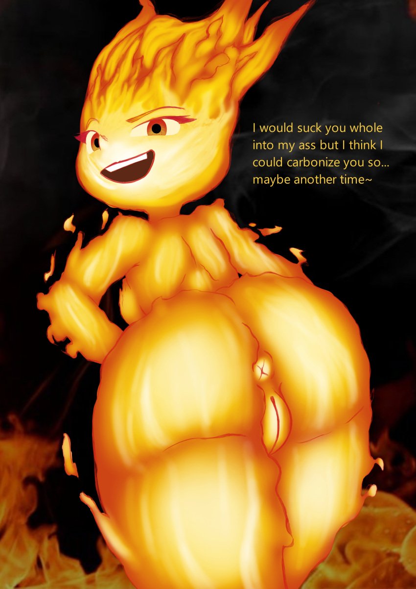 absurd_res anus ass big_butt butt_focus elemental_(pixar) ember_lumen female genitals hi_res humanoid looking_at_viewer looking_back not_furry nude poisonsneksoffie pussy rear_view smile solo thick_thighs turned_back