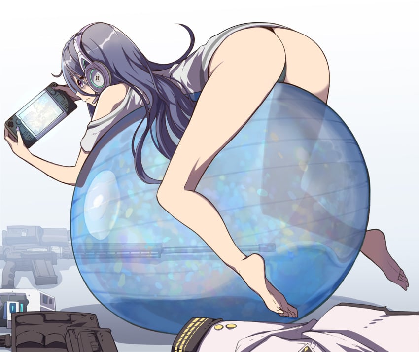 ass bags_under_eyes ball bare_legs barefoot black_hair black_panties closed_mouth clothing_cutout coat coat_removed exercise_ball exia_(nikke) feet female from_behind frown full_body goddess_of_victory:_nikke gradient_background grey_background gun handheld_game_console headphones holding holding_handheld_game_console legs long_hair lying on_ball on_stomach panties playing_games purple_eyes rifle shirt shoulder_cutout simple_background sniper_rifle soles solo steam_deck syope thighs thong toes underwear valve valve_(company) wavy_mouth weapon white_shirt