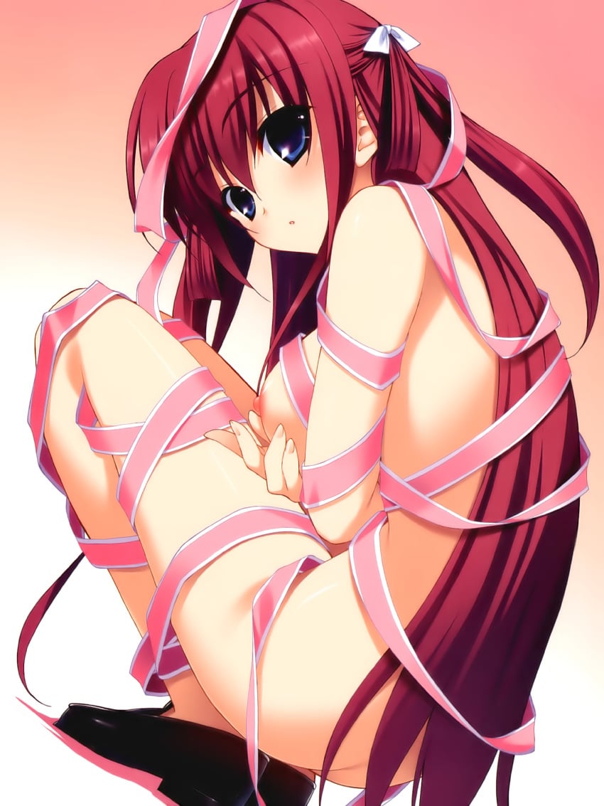 1girls 2011 8bit_(studio) blue_hair blush breasts champion_red_ichigo entangled female from_behind frontwing fumio fumio_(ura_fmo) grisaia_(series) grisaia_no_kajitsu hair_ribbon highres large_breasts loafers long_hair looking_back naked_ribbon nipples no_socks nude official_art open_mouth red_hair ribbon shoes solo source_request squatting suou_amane tied_hair twintails very_long_hair