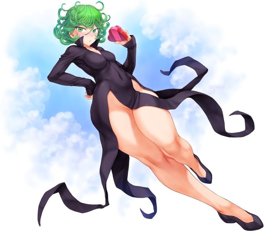 1girls absurd_res black_dress blush bottom_heavy box box_of_chocolates breasts calves candy chocolate chocolate_heart color covered_navel curly_hair dress fantasy flats floating flying glowing green_eyes green_hair hand_on_hip heart heart-shaped_box hi_res high_heels highres knees levitation looking_at_viewer magic mogudan no_panties one-punch_man perfect_legs psychic shiny_skin short_hair small_breasts solo stomach tatsumaki telekinesis thick_thighs thighs thighs_together