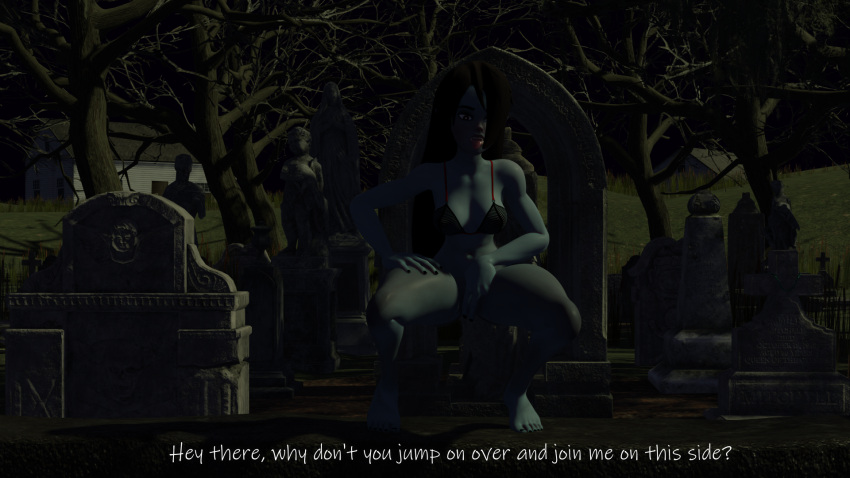 3d adventure_time dark_image graveyard hand_over_crotch marceline no_panties open_mouth simple_smut solo squatting teasing text tongue_out vampire