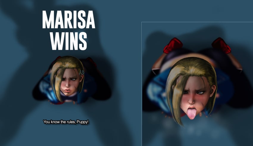 2girls blonde_hair blue_eyes cammy_white clothed defeated english_text female_pov femsub hi_res imminent_cunnilingus imminent_oral jaguarart kneeling marisa_rossetti pov solo sticking_out_tongue street_fighter street_fighter_6 tongue tongue_out unseen_character yuri