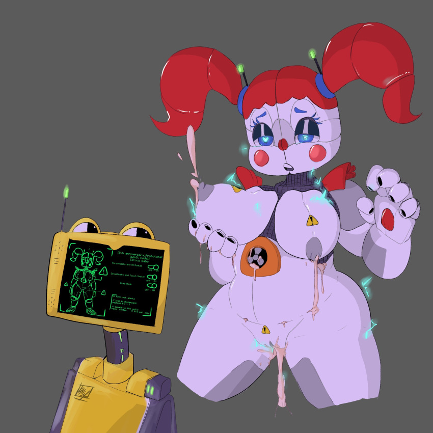 1girls 2021 absurd_res alternate_version_available animatronic baby_(fnafsl) big_breasts breasts circus_baby circus_baby_(fnaf) cum digital_media_(artwork) female five_nights_at_freddy's five_nights_at_freddy's:_sister_location gray_background hand_unit_(fnafsl) heart-shaped_pupils hi_res lactating lactation leaking leaking_cum looking_pleasured nipples open_mouth pussy scottgames screen screen_face simple_background sylver_(artist) sylverow0 text textless_version thick_thighs twintails wide_hips