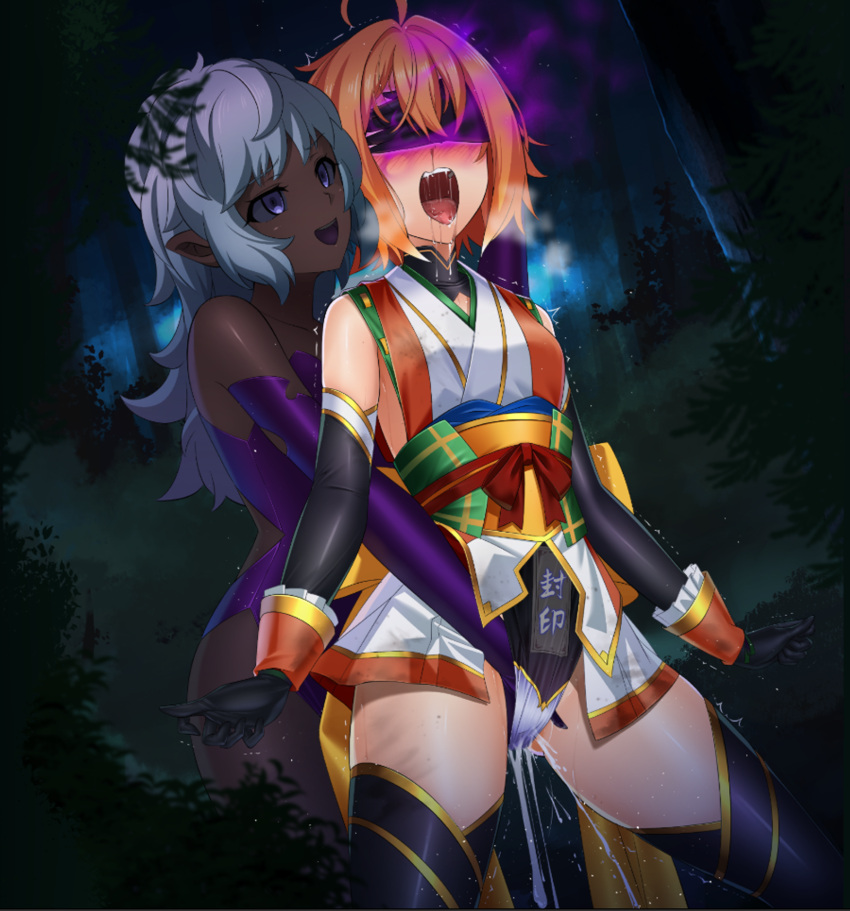 2girls ahe_gao blush brainwashing cum cumming defeated defeated_heroine drooling fingering hisui_(meten) hypnosis kunoichi long_gloves meten mind_control multiple_girls ninja orange_hair original purple_eyes pussy_juice stockings sweat sweaty_body tight_clothing tongue twitching white_hair yuri