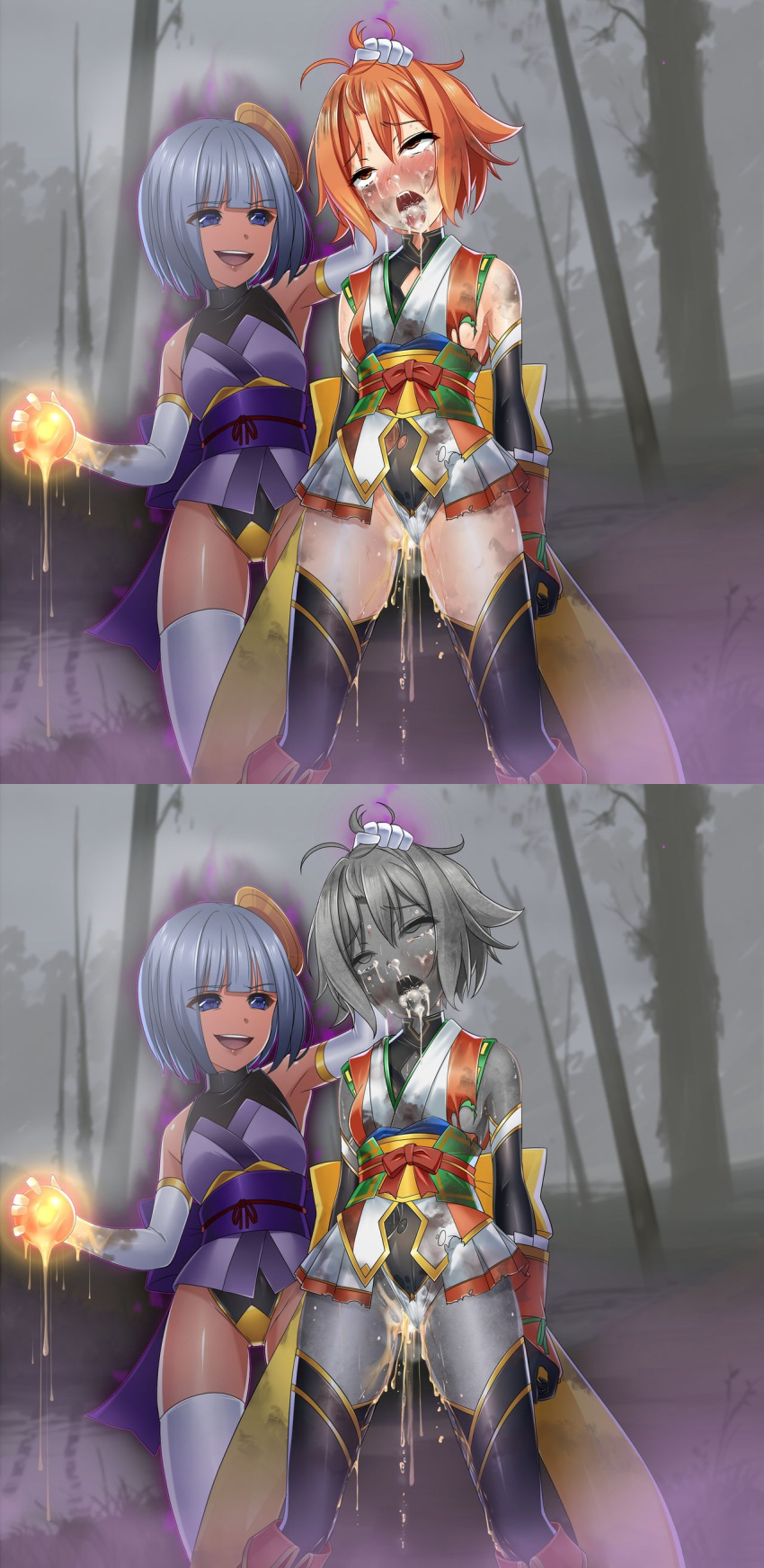 2girls 
snuff ahe_gao before_and_after blue_eyes crying cum cumming death defeated female_death gray_hair head_grab hisui_(meten) kunoichi leotard long_gloves meten mind_break multiple_girls ninja orange_eyes orange_hair original peeing petrification shirikodama short_hair skirt stockings tomboy tongue_out torn_clothes