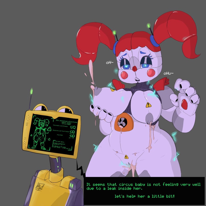 1girls 2021 absurd_res alternate_version_available animatronic baby_(fnafsl) big_breasts breasts circus_baby circus_baby_(fnaf) cum digital_media_(artwork) female five_nights_at_freddy's five_nights_at_freddy's:_sister_location gray_background hand_unit_(fnafsl) heart-shaped_pupils hi_res lactating lactation leaking leaking_cum looking_pleasured nipples open_mouth pussy scottgames screen screen_face simple_background sylver_(artist) sylverow0 text text_box thick_thighs twintails wide_hips