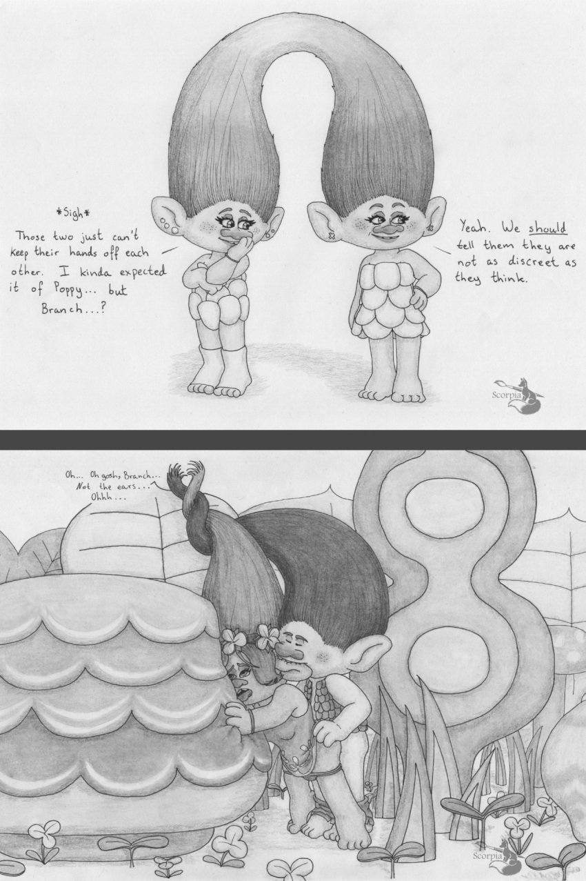 1boy 3girls branch_(trolls) chenille_(trolls) dreamworks monochrome no_color outside_sex queen_poppy satin_(trolls) sex sketch trolls