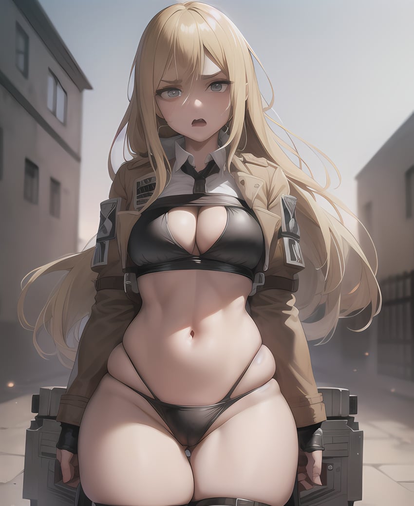 1girls ai_generated attack_on_titan bikini bikini_uniform black_bikini blonde_hair blue_eyes curvy female female_only gardener_ai historia_reiss jacket long_hair medium_breasts midriff military_uniform navel open_mouth pear_shaped revealing_clothes skimpy solo stable_diffusion thick_thighs wide_hips