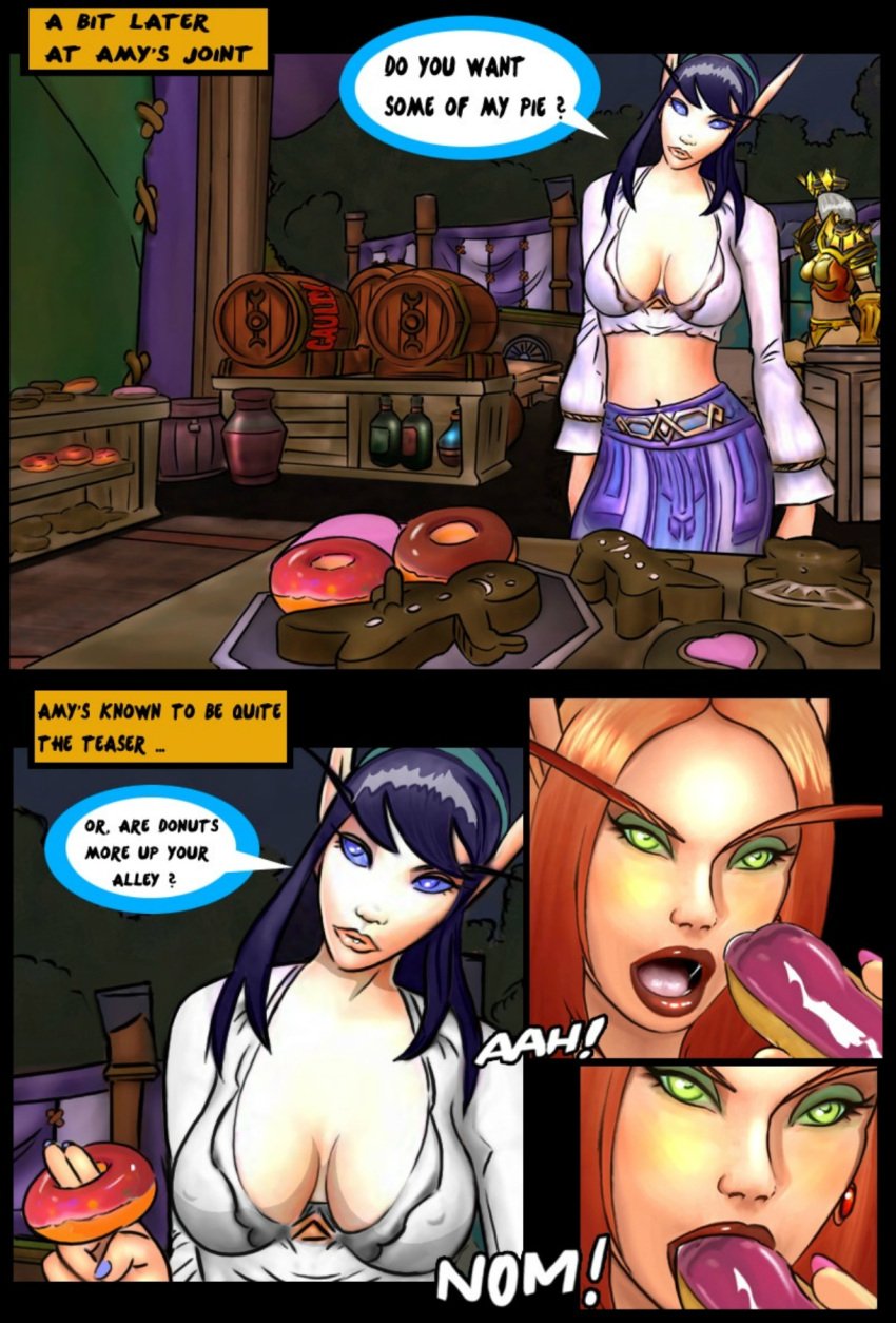 2girls aimee big_breasts blizzard_entertainment blood_elf comic comic_page darkmoon_faire dialogue female female_only green_eyes high_elf multiple_girls original_character red_hair shina tyurru warcraft world_of_warcraft