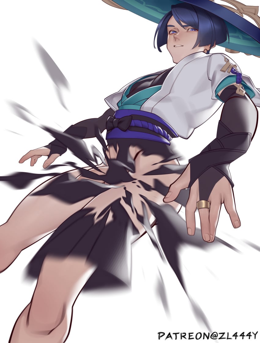 1boy blue_hair bottomless motion_blur scaramouche_(genshin_impact) solo torn_clothes white_background zl444y