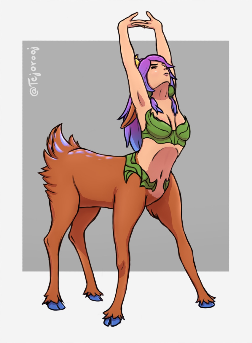 1girls armpits arms_up belly belly_button blush blush bra breasts cammy_stretch closed_eyes deer deer_girl female female female_only fur furry hooves league_of_legends league_of_legends:_wild_rift lillia_(league_of_legends) purple_hair simple_background solo solo_female stretching tejorooj