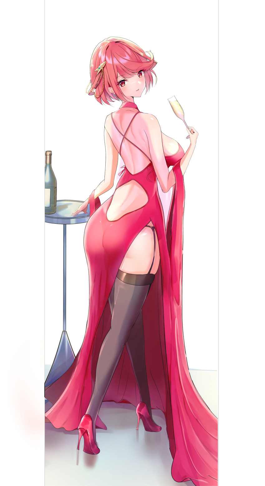 1girls ass back black_garter_belt black_garter_straps bottle breasts dress earrings evening_gown garter_belt garter_straps hair_ornament high_heels holding_glass karuushi large_breasts looking_at_viewer looking_back nintendo pyra red_dress red_eyes red_hair red_high_heels short_hair side_slit side_slit_dress sideslit_dress thighhighs wine_glass xenoblade_(series) xenoblade_chronicles_2