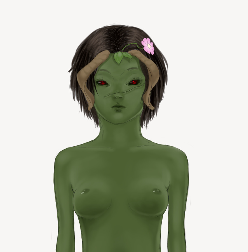 alien alien_girl black_hair black_sclera colored_sketch facial_scar female female_only flower_in_hair genderswap_(mtf) gintama green_skin hedoro horns humanoid monster_girl red_eyes rule_63 short_hair small_breasts solo topless topless_female upper_body