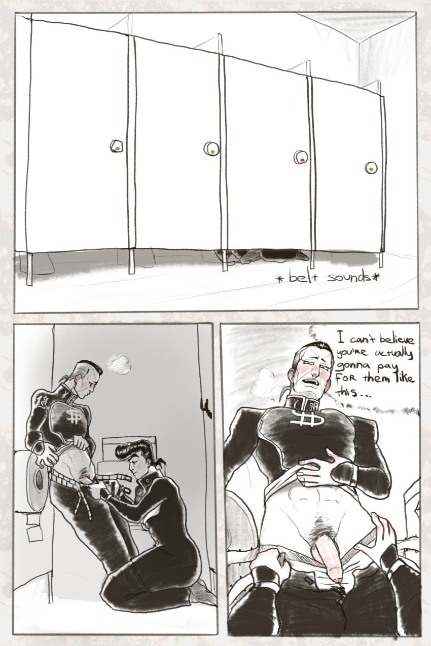 2boys bathroom bathroom_stall blush comic diamond_is_unbreakable friends gay jojo's_bizarre_adventure josuke_higashikata male male_only miserdirt okuyasu_nijimura penis penis_out pubic_hair tagme unbuckled_belt uncircumcised yaoi