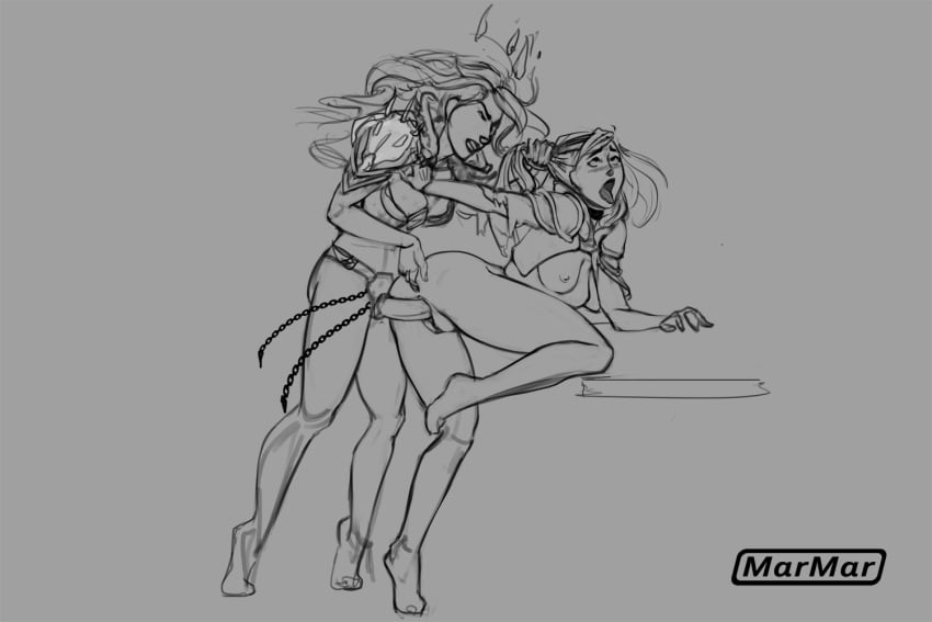 2girls ahe_gao blizzard_entertainment double_penetration female fingering fingering_ass from_behind hair_pull human human_(world_of_warcraft) jaina_proudmoore marmar one_leg_up penetration rough_sex sex_toy sketch strap-on vaginal_penetration warcraft world_of_warcraft yuri