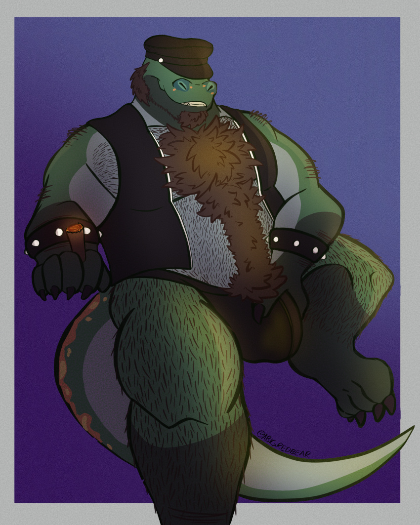 1boy absurd_res anthro body_hair bulge chest_hair cigar clothing cyrus detailed_bulge furry hairy hi_res hirsuite komodo_dragon leather leather_clothing leather_daddy leather_topwear lizard male male_only monitor_lizard pubes reptile scalie solo thong topwear underwear