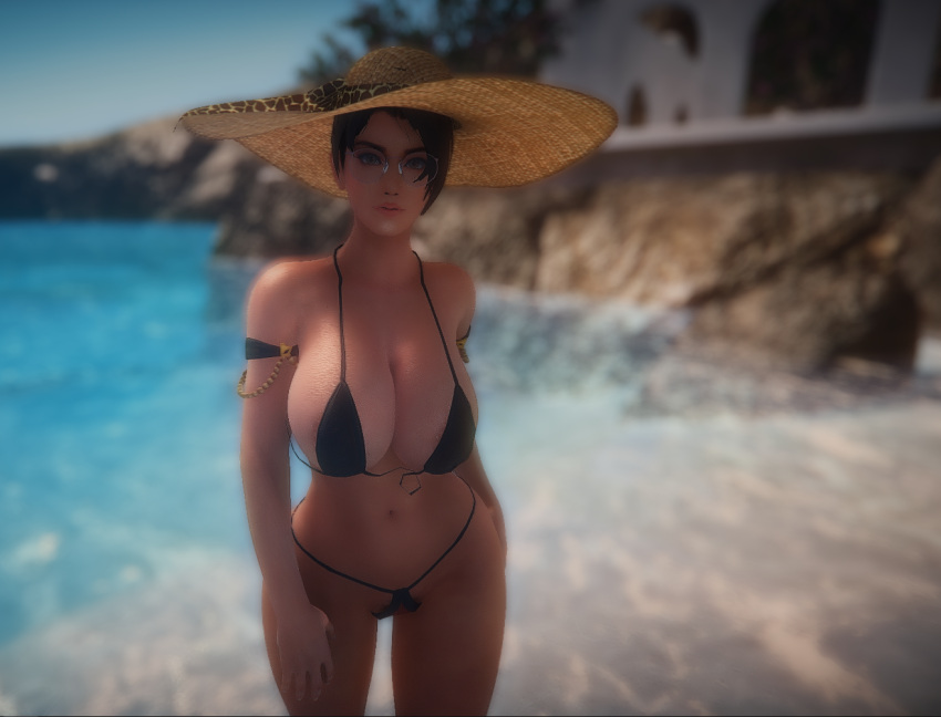 3d armbands beach big_breasts bikini black_bikini busty cleavage curvy dead_or_alive deep_cleavage g-string glasses hourglass_figure huge_breasts momiji_(ninja_gaiden) seaside stickpad sun_hat teardrop_bikini