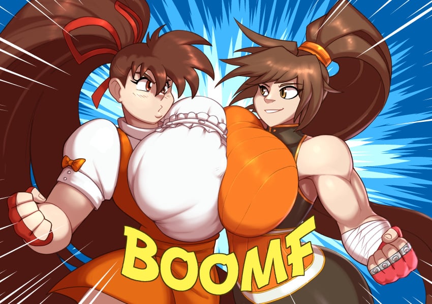 2girls anna_miller blue_background breast_press brown_eyes brown_hair dnf_duel female female_only fighter_(dungeon_and_fighter) fighting_stance fimif fingerless_gloves gloves hi_res huge_breasts human long_hair ponytail striker_(dungeon_and_fighter) variable_geo very_long_hair waitress yellow_eyes yuka_takeuchi