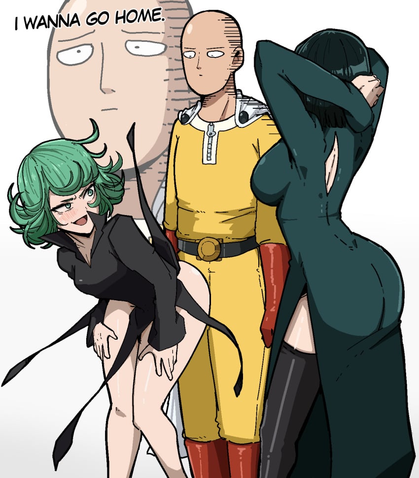 1boy 2girls alpha_male ass bent_over big_breasts bottomless breasts doggy_style english_text esper_sisters female fubuki_(one-punch_man) fully_clothed funny gloves green_eyes green_hair i_wanna_go_home male mark_gavatino meme multiple_girls one-punch_man saitama short_hair sisters standing tatsumaki text thighs