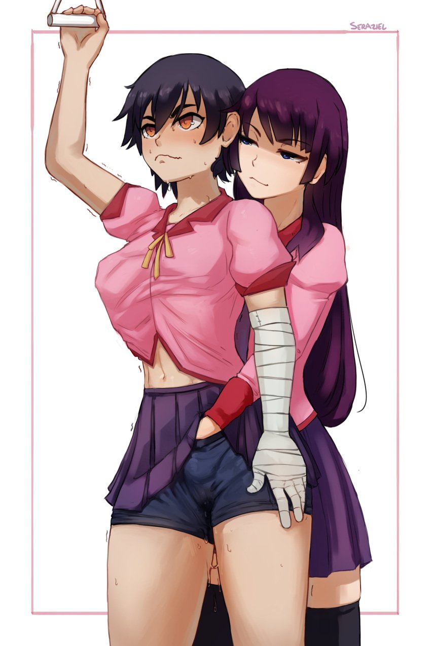 2girls absurdres arm_up artist_name bandaged_arm bandages black_hair black_shorts black_thighhighs blue_eyes breast_grab breasts closed_mouth fingering grabbing grabbing_from_behind hair_between_eyes highres kanbaru_suruga long_hair long_sleeves looking_at_another medium_breasts monogatari_(series) multiple_girls pink_shirt purple_hair purple_skirt reach-around reach_around senjougahara_hitagi seraziel shirt short_hair short_sleeves shorts skirt thighhighs tomboy white_background yellow_eyes yuri