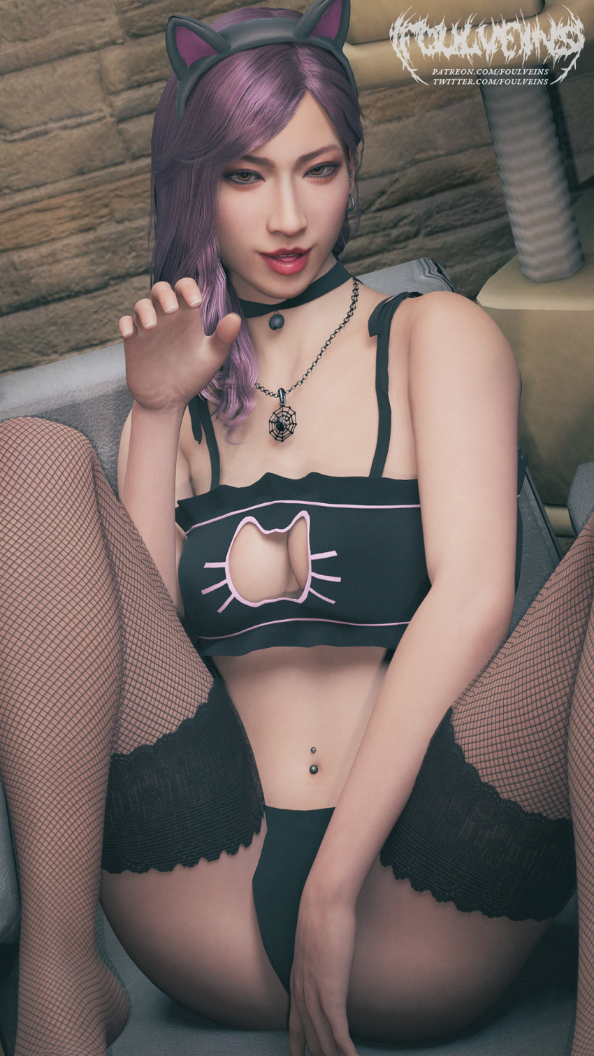 1girls 3d amber_eyes cat_girl cat_lingerie female female_only fishnet_stockings foulveins purple_hair ryuu_ga_gotoku seong-hui solo