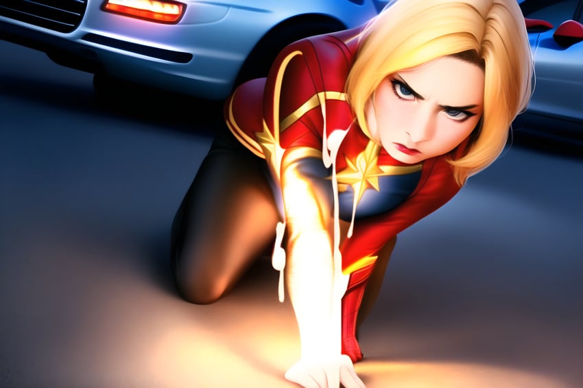 1girls ai_generated ai_hands angry angry_eyes angry_face blonde_hair blue_eyes captain_marvel car carol_danvers defeated_heroine dripping_cum glowing humiliation marvel parking_garage superheroine