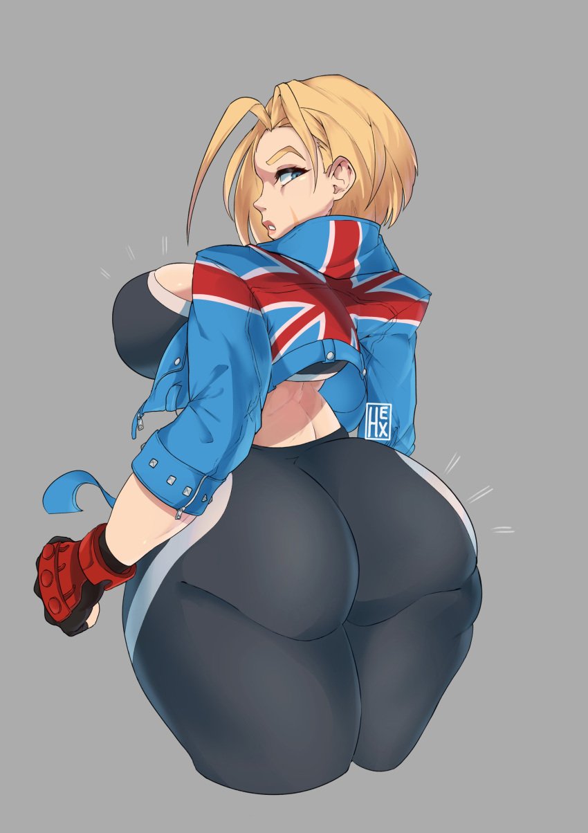 1girls absurd_res ass blonde_hair blue_eyes breasts cammy_white female female_only fully_clothed hexprinxess hi_res huge_ass large_breasts light-skinned_female light_skin looking_at_viewer looking_back looking_back_at_viewer pawg scar short_hair sideboob solo sportswear street_fighter street_fighter_6 thick_thighs thighs union_jack wide_hips yoga_pants