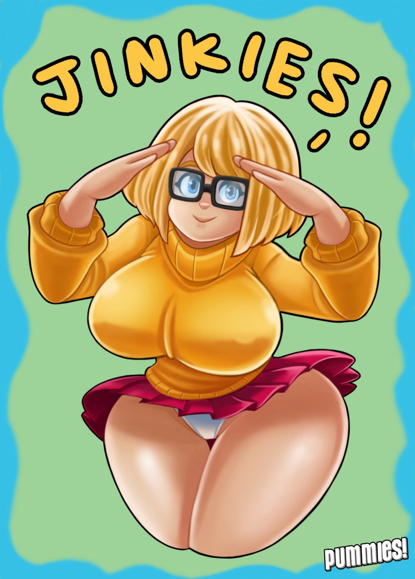 1girls 2d ashley_graham ashley_graham_(ella_freya) big_breasts blonde_hair blue_eyes capcom crossover curvaceous female female_only glasses hanna-barbera light-skinned_female looking_at_viewer pummies resident_evil resident_evil_4 resident_evil_4_remake scooby-doo smiling_at_viewer thick_thighs thigh_gap velma_dinkley_(cosplay)