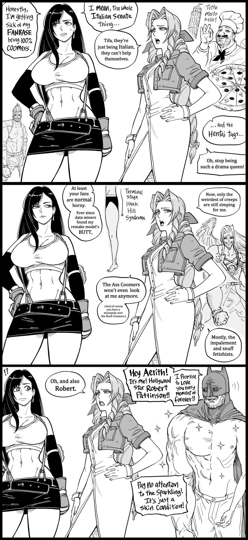 2girls aerith_gainsborough batman batman_(series) bb_(baalbuddy) big_breasts black_and_white black_hair braid braided_hair braided_ponytail comedy comic complaining coomer dc dc_comics dialogue english_text female female_focus female_only final_fantasy final_fantasy_vii funny italian_senate_hack italian_text johnny_(final_fantasy_vii) long_hair meme monochrome pizza robert_pattinson sephiroth smooth_skin speech_bubble square_enix tagme tifa_lockhart white_background wide_hips