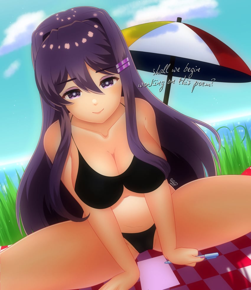 1female 1girls artist_name artist_signature asking_a_question bare_shoulders big_breasts bikini bikini_bottom bikini_top black_bikini black_bikini_bottom black_bikini_top breasts cleavage collarbone doki_doki_literature_club english_text female female_focus grass hair_intakes happy happy_female heart-shaped_pupils holding holding_object holding_pen human human_focus human_only long_hair object paper pen picnic picnic_blanket purple_eyes purple_hair question scribblysuki signature smile smiling solo_focus text thick_thighs thighs umbrella yuri_(doki_doki_literature_club)