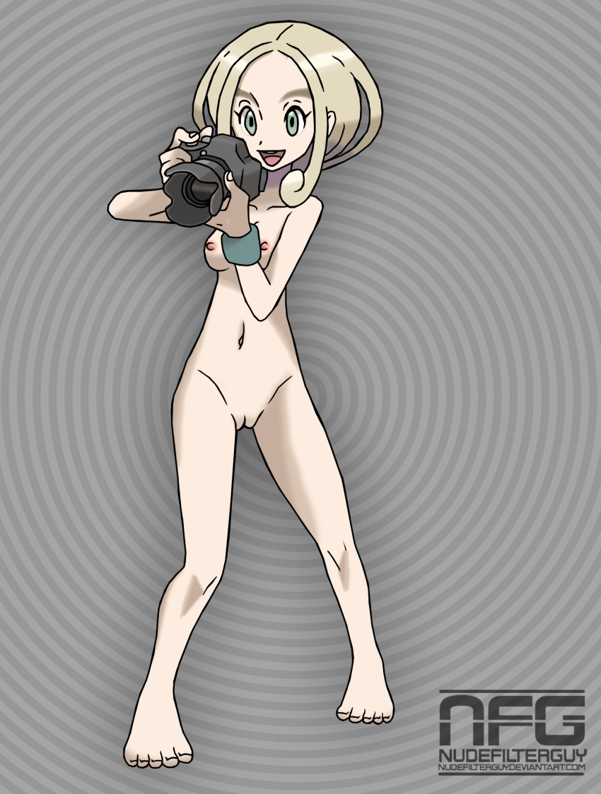 1girls abstract_background barefoot breasts camera casual casual_nudity edit electronics feet female female_only green_eyes human medium_breasts naked nintendo nipples nonsexual_nudity nude nude_filter nudefilterguy official_artwork_edit pale_skin pokemon pokemon_xy pussy short_hair smile solo viola_(pokemon) wristband wristwear