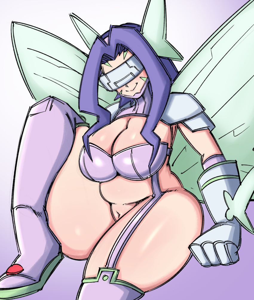 1girls 4_wings bent_legs big_breasts blush digimon digimon_(species) digimon_frontier fairimon fairy fairy_wings fairymon female female_only hi_res kazemon long_hair looking_at_viewer no_panties purple_hair pussy saltyxodium sitting slightly_chubby smiling smiling_at_viewer solo thick_thighs wings