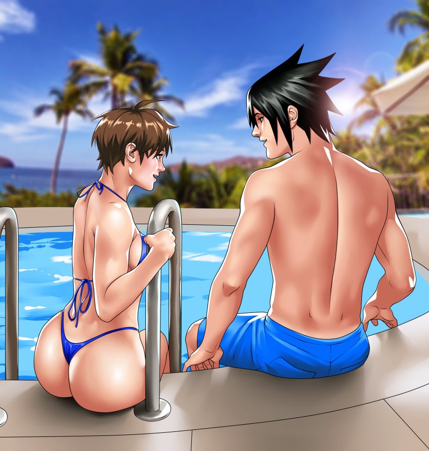 1boy 1boy1girl 1girls ass athletic athletic_female athletic_male bikini black_hair brown_eyes brown_hair capcom crossover naruto naruto_(series) pool poolside r3ydart sakura_kasugano sasuke_uchiha short_hair street_fighter swimsuit tomboy very_short_hair